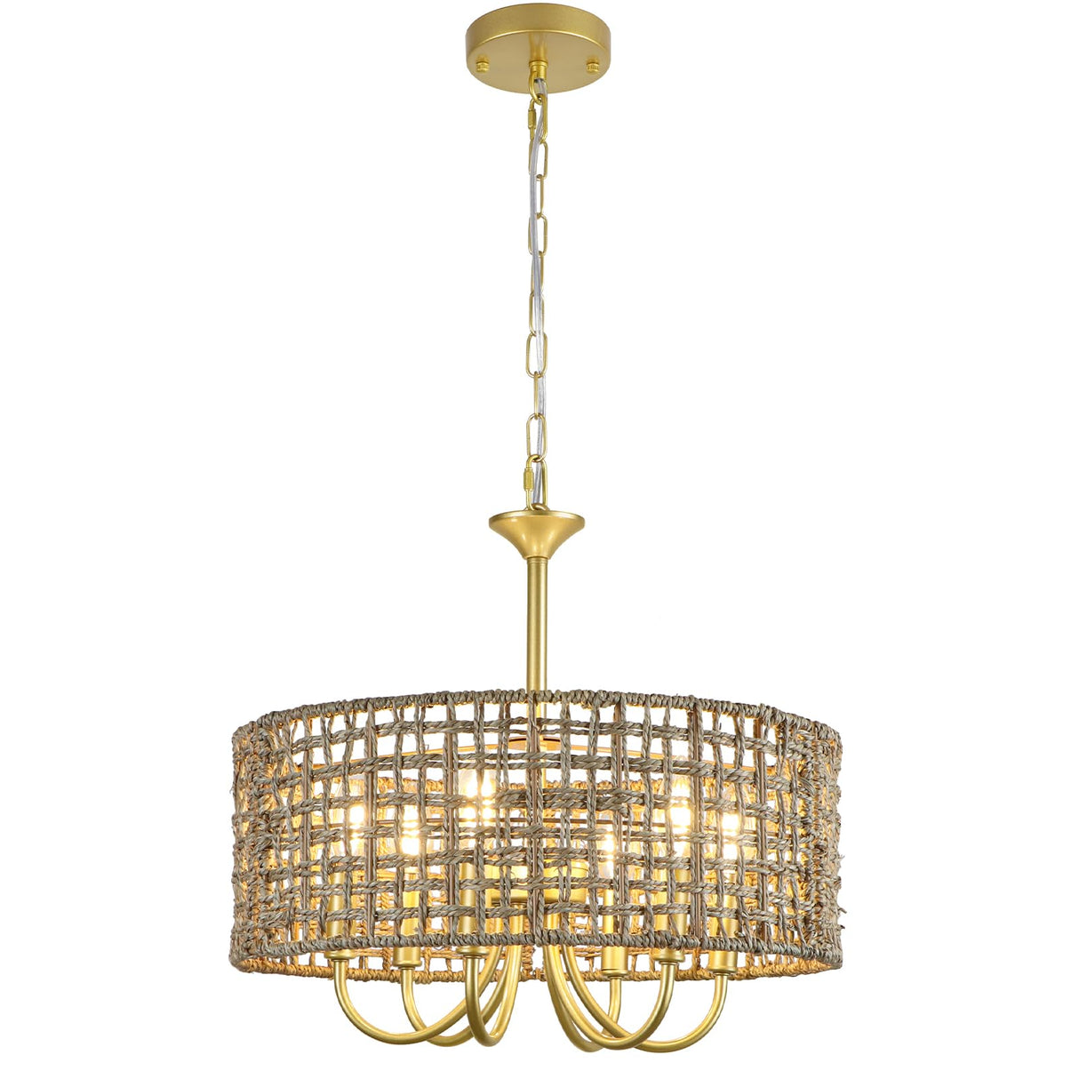 WBinDX 6-Light Boho Large Rattan Chandelier for Dining Room, Seagrass Gold Chandelier with Hand Woven Wicker Shade, Farmhouse Drum Hanging Pendant Light Fixture for Living Room Hallway Foyer WBinDX