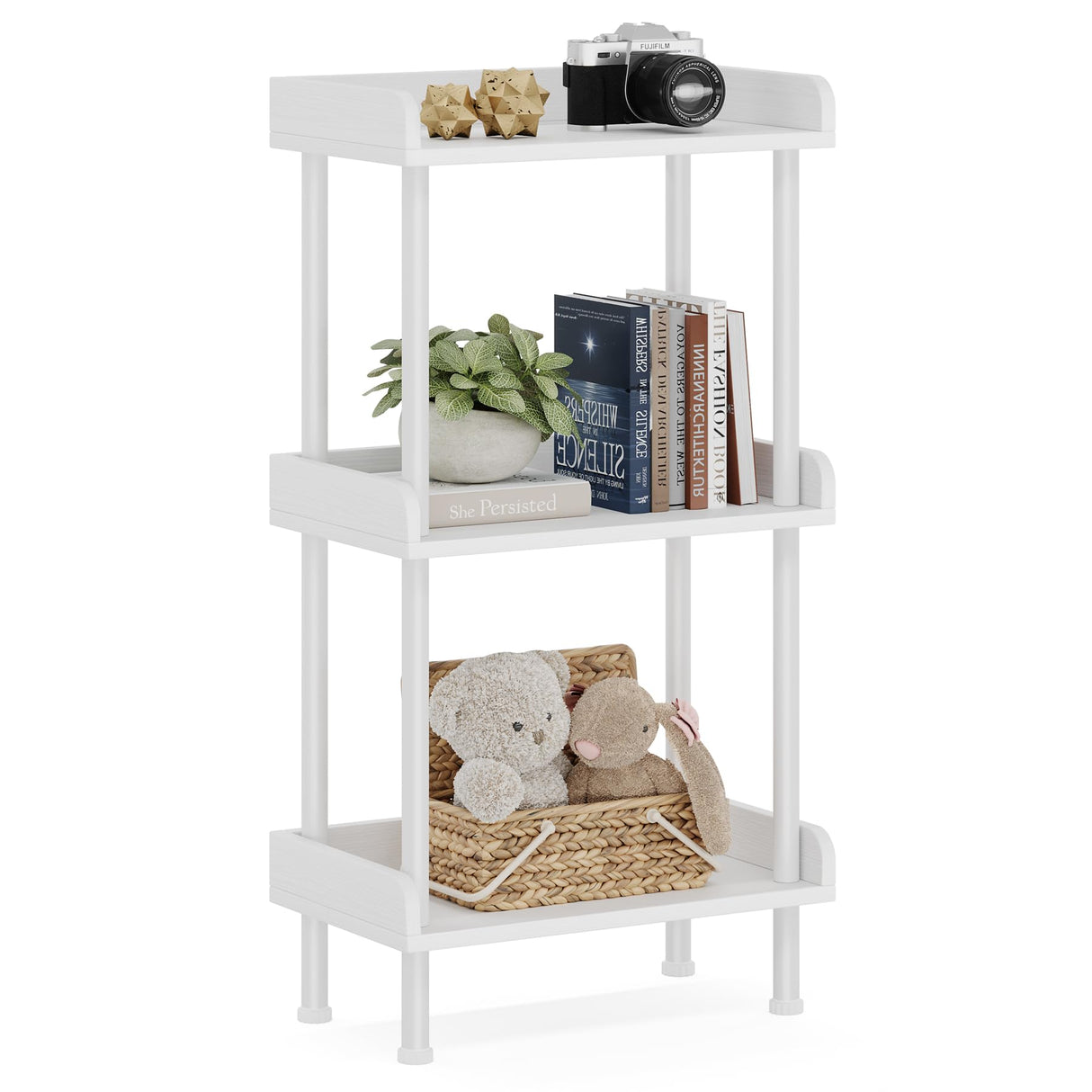 Hosfais Bookshelf Small Book Shelf - 3-Tier Wood Bookcase Industrial Bookshelf with Edge Protection Metal Standing Book Shelves Display Book Rack for Living Room Bedroom Home Office (White) Hosfais