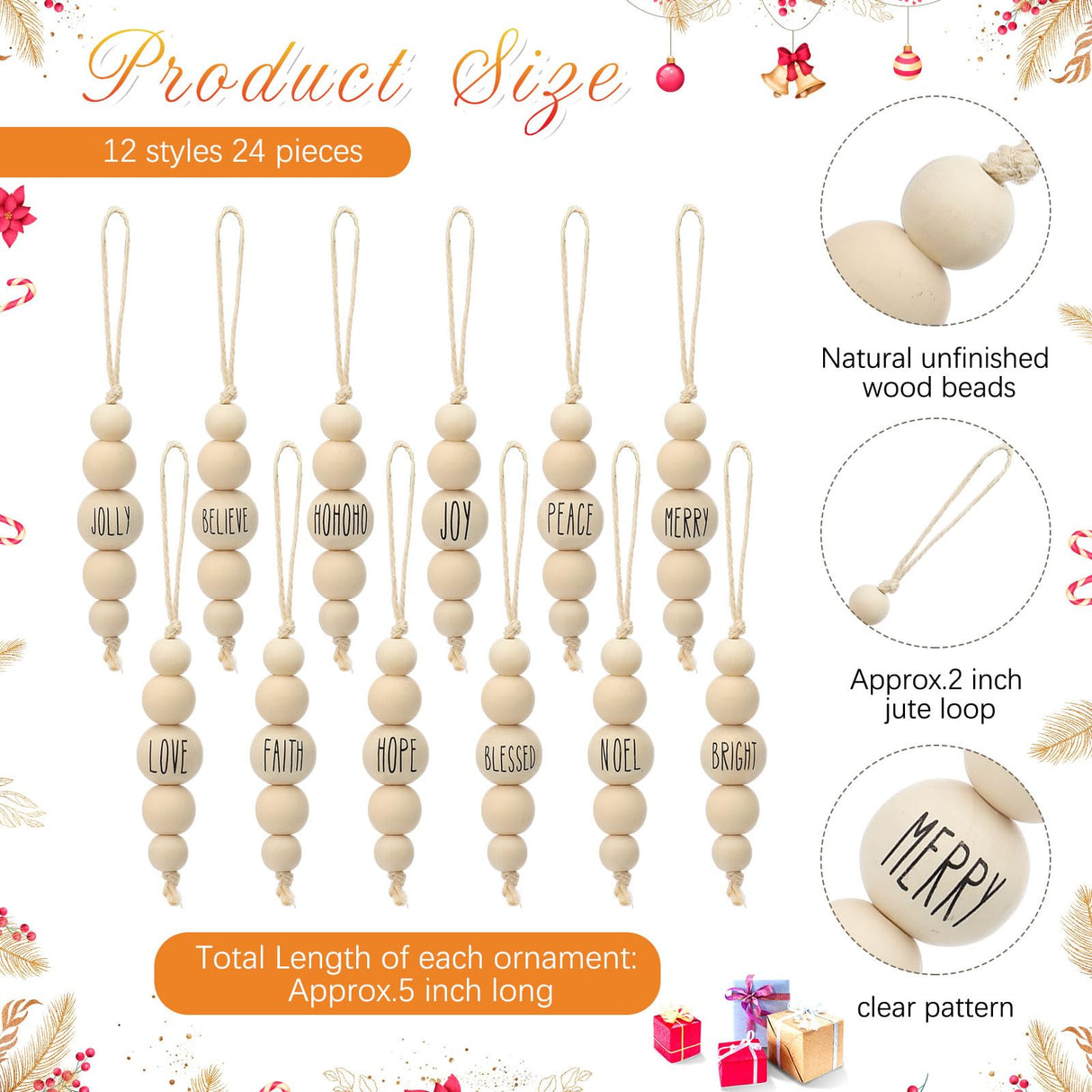 Loetere 24 Pcs Christmas Ornaments Farmhouse Wood Bead Ornament for Tree with Blessing Word Rustic Christmas Hanging Decorations Natural Wooden Beads for Xmas Tree Wall Tiered Tray (Boho) Loetere