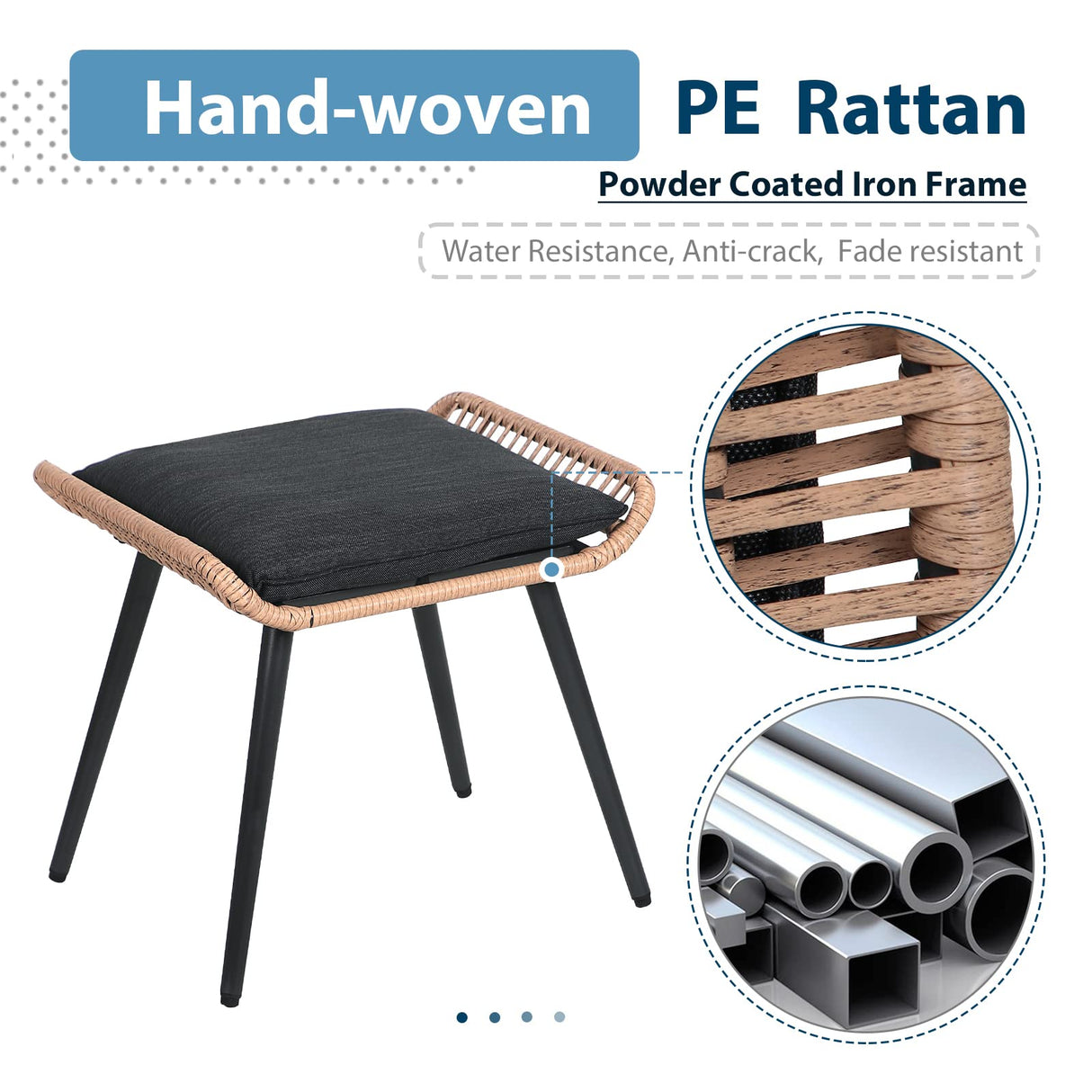 JOIVI Outdoor Wicker Ottoman Set of 2, Patio Rattan Ottomans with Seat Cushions, 2 Pieces Footstool Footrest Seat for Outside Garden, Balcony, Living Room, Black JOIVI