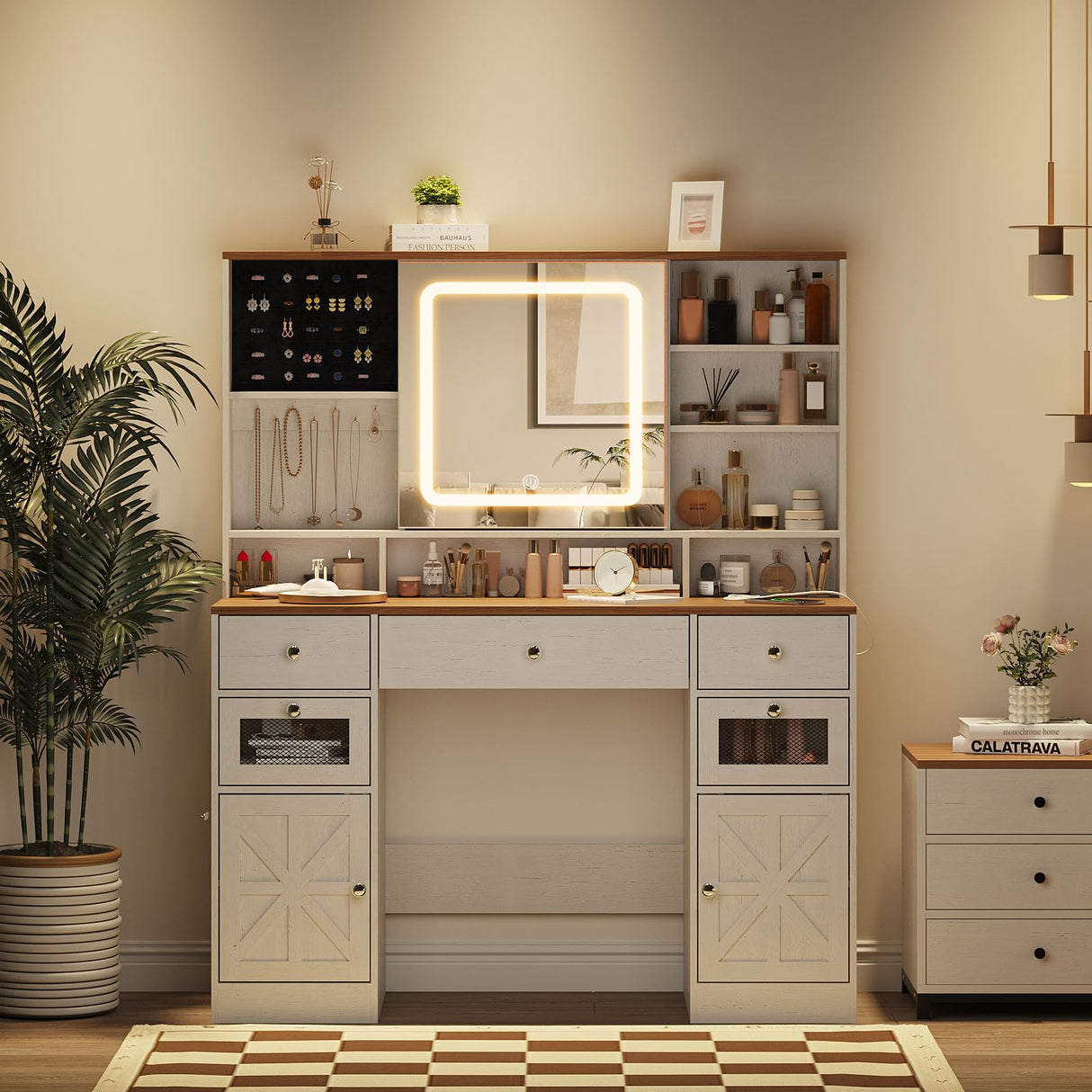 Vabches Farmhouse Makeup Vanity Desk with Mirror and Lights,White Vanity Table with Charging Station & Jewelry Storage,5 Drawers & 2 Cabinets,Dressing Table with Hidden Storage & Open Shelves Vabches