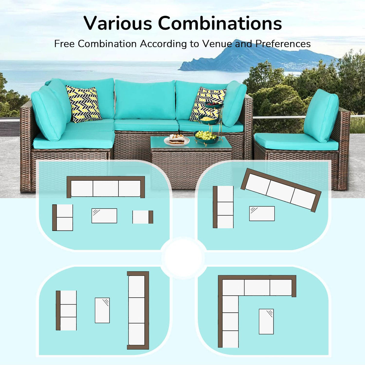 PayLessHere Patio Furniture Set 7 Pieces Outdoor Furniture Wicker Conversation Set Sectional Sofa and Coffee Table Wicker Patio Conversation Sets for Backyard Porch Balcony Poolside,Blue Cushion PayLessHere
