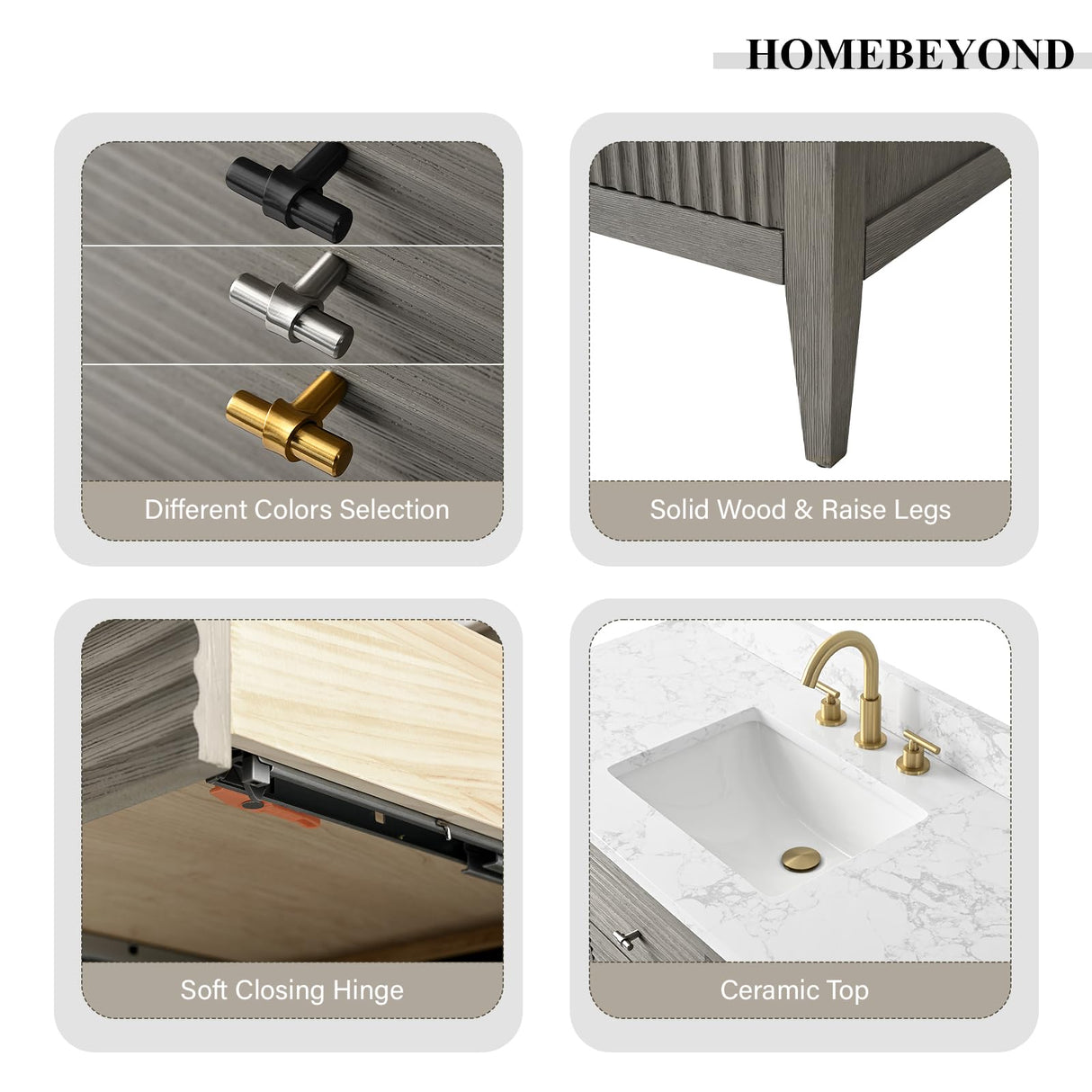 HOMEBEYOND 72" Bathroom Vanity with Double Sink, Solid Wood Bathroom Vanity Free-Standing Cabinet, Ceramic Top & Soft Closing Door, Golden Brushed Handware, Driftwood Gray HOMEBEYOND