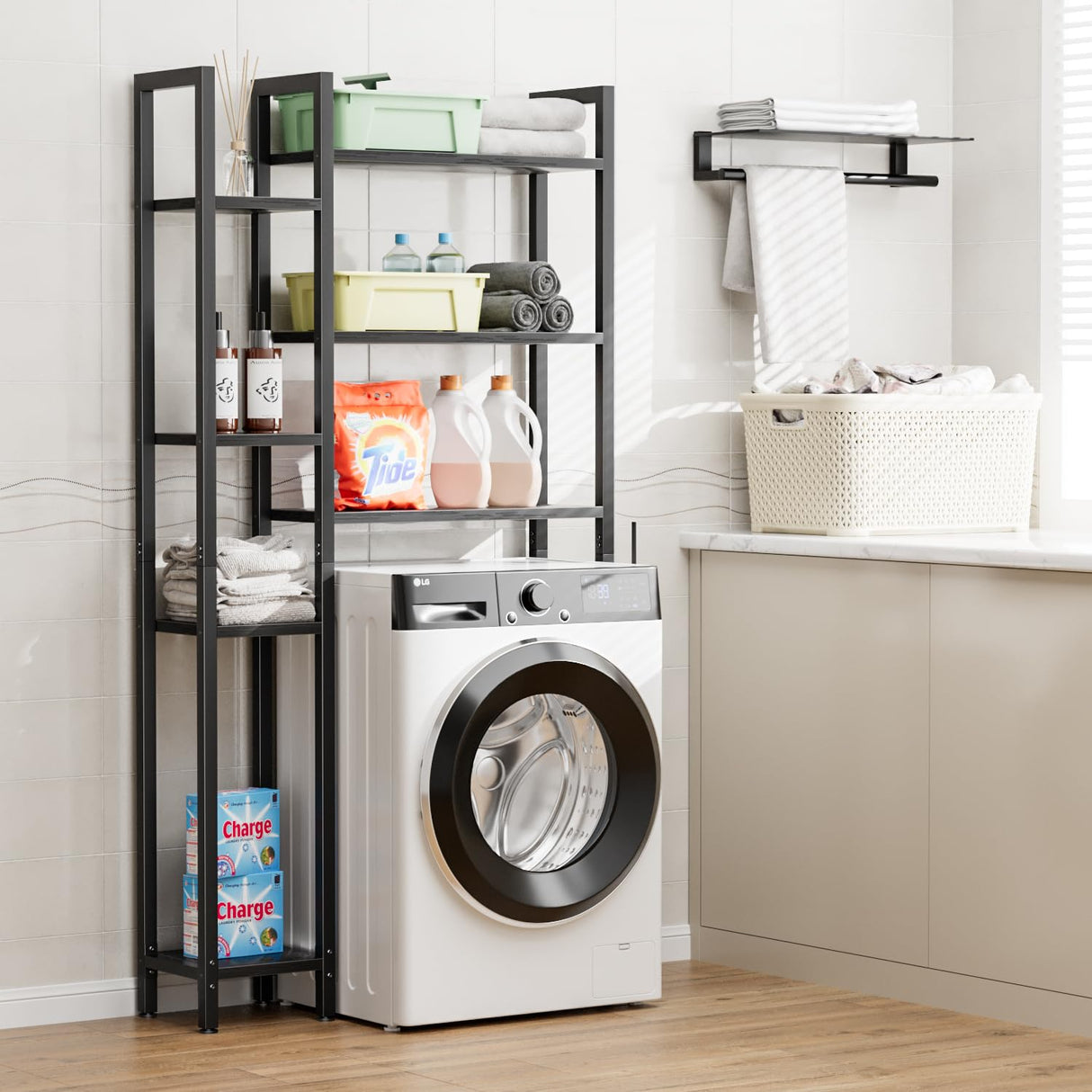 OTK Over The Toilet Storage with 7-Tier Bathroom Organizer Shelf, Freestanding Space Saver with Hooks & Adjustable Feet, Storage Rack for Bathroom, Restroom, Laundry, Black OTK