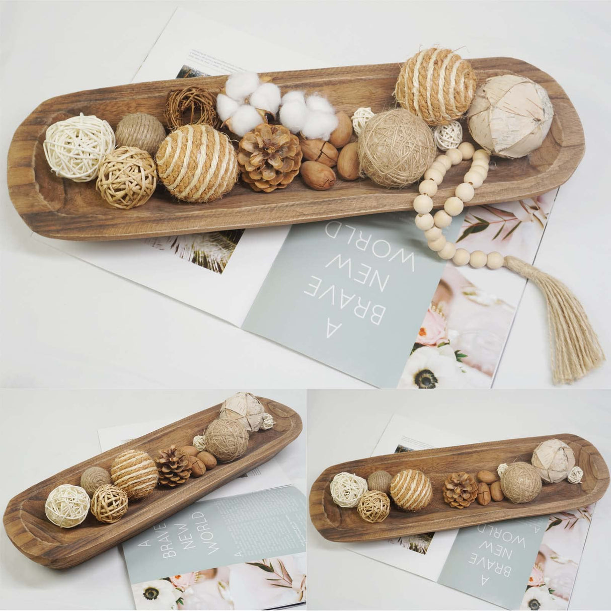 S-SNAIL-OO Wooden Dough Long Bowls Decor, Baguette Bowl Wooden Large Dough Bowl Centerpieces for Home, Rustic Wooden Decorative Bread Fruit Tray (20×6×2'') S-SNAIL-OO