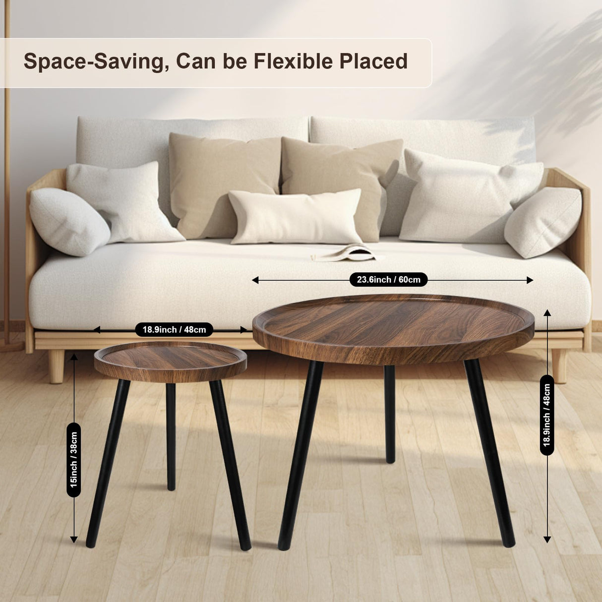 Nesting Coffee Table Set of 2, Modern Round Coffee Tables Nesting Side Table Set, Easy Assembly Nesting Tables for Living Room, Walnut Wood End Tables for Home Office Yard Dongxw