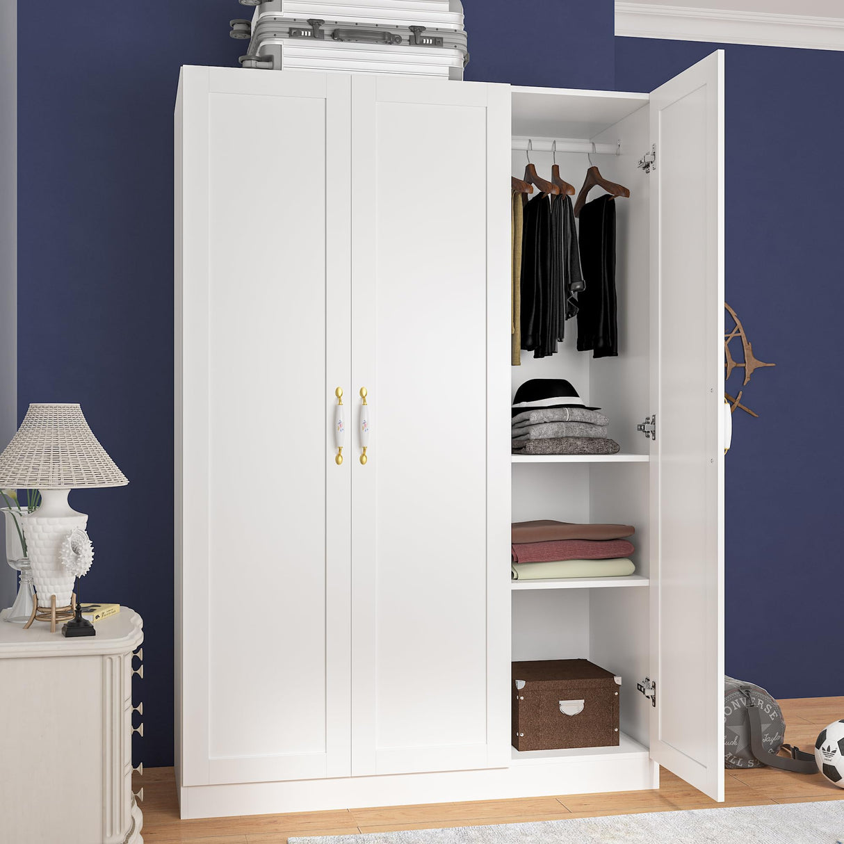 Homsee White Wardrobe Armoire Wooden Closet with 3 Doors, 5 Storage Compartments, 2 Hanging Rods & Decorative Handles for Bedroom Homsee