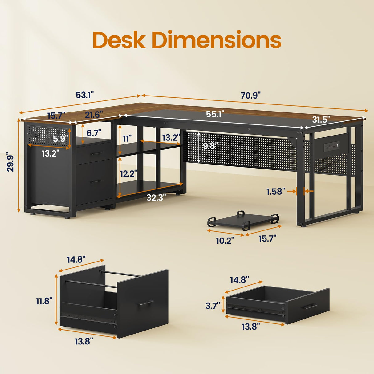 UPOSOJA 71 in Executive Desk with Power Outlets, Reversible L Shaped Computer Desk with File Drawers & Storage Shelves, Large Office Desk with Pegboard, Mobile CPU Stand, Modern Corner Desk (Walnut) UPOSOJA