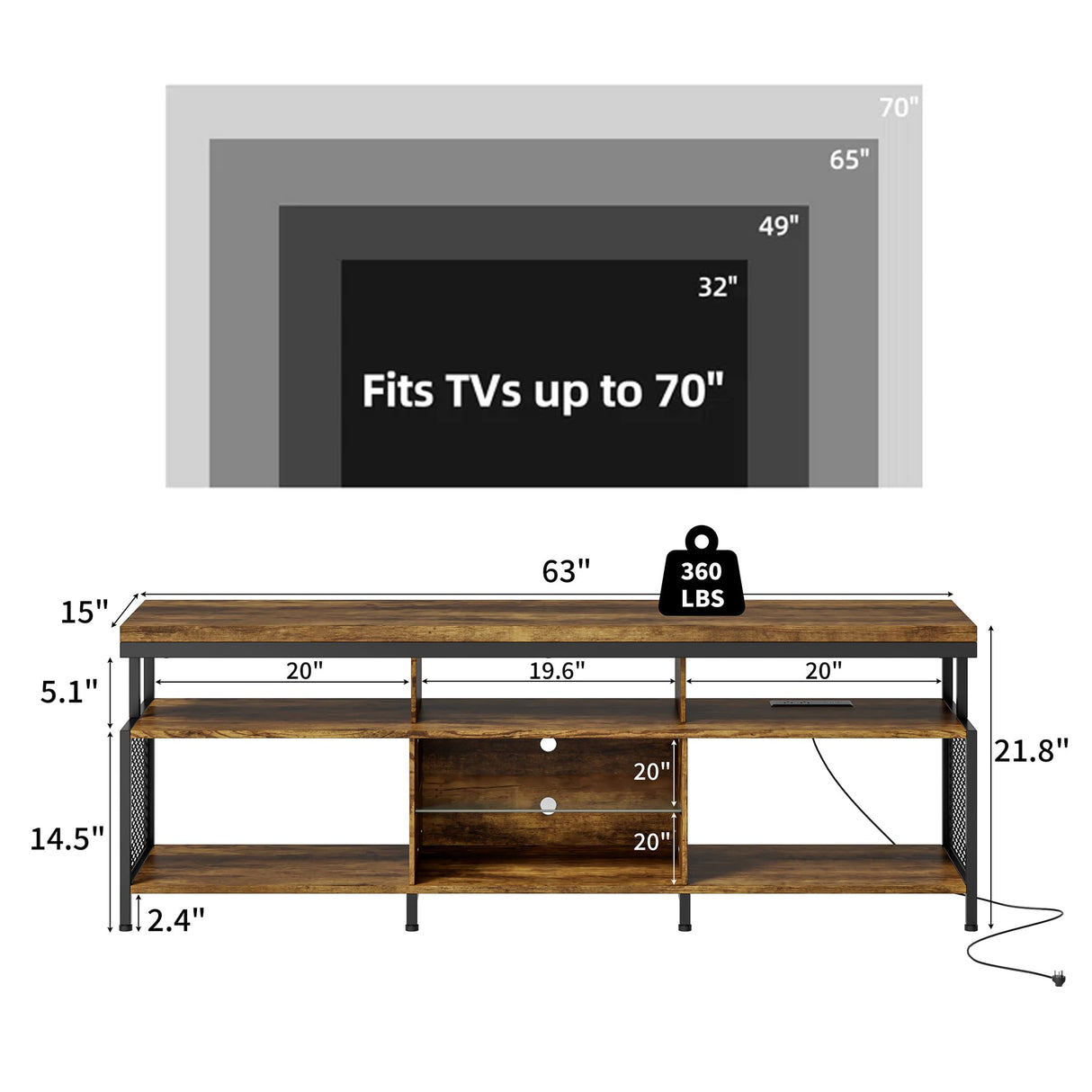 Algglobuy TV Stand for 65 75 Inch TV with LED Lights, Entertainment Center with Open Storage Tempered Glass Shelf & Power Outlets, Industrial TV Console Table for Living Room, Bedroom, Rustic Brown Algglobuy