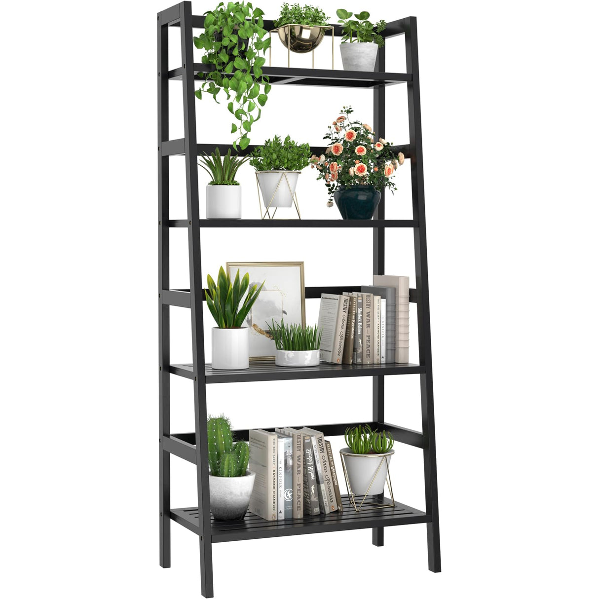 Homykic Bamboo Bookshelf 4-Tier Ladder Shelf, 49.2” Freestanding Open Bookcase Book Shelf Bathroom Storage Shelf Unit Plant Stand for Small Space, Living Room, Bedroom, Home Office, Black Homykic