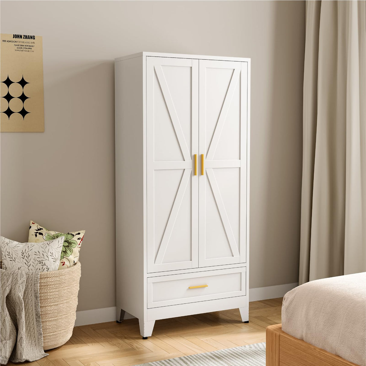 XIOMIOHTRQ Metal Wardrobe Cabinet, 71" Tall Armoire Wardrobe Closet with Drawer, Farmhouse Clothing Storage Cabinet for Bedroom, Laundry (White, 1 Drawer) XIOMIOHTRQ