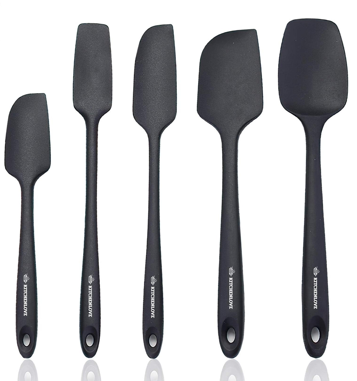 KITCHENLOVE Premium 600°F Heat Resistant 5 Piece Silicone Spatula Set for Baking, Cooking, Mixing - Non-Stick with High Grade S-Iron Steel Core - One Piece Seamless Design - BPA Free (Black) KITCHENLOVE