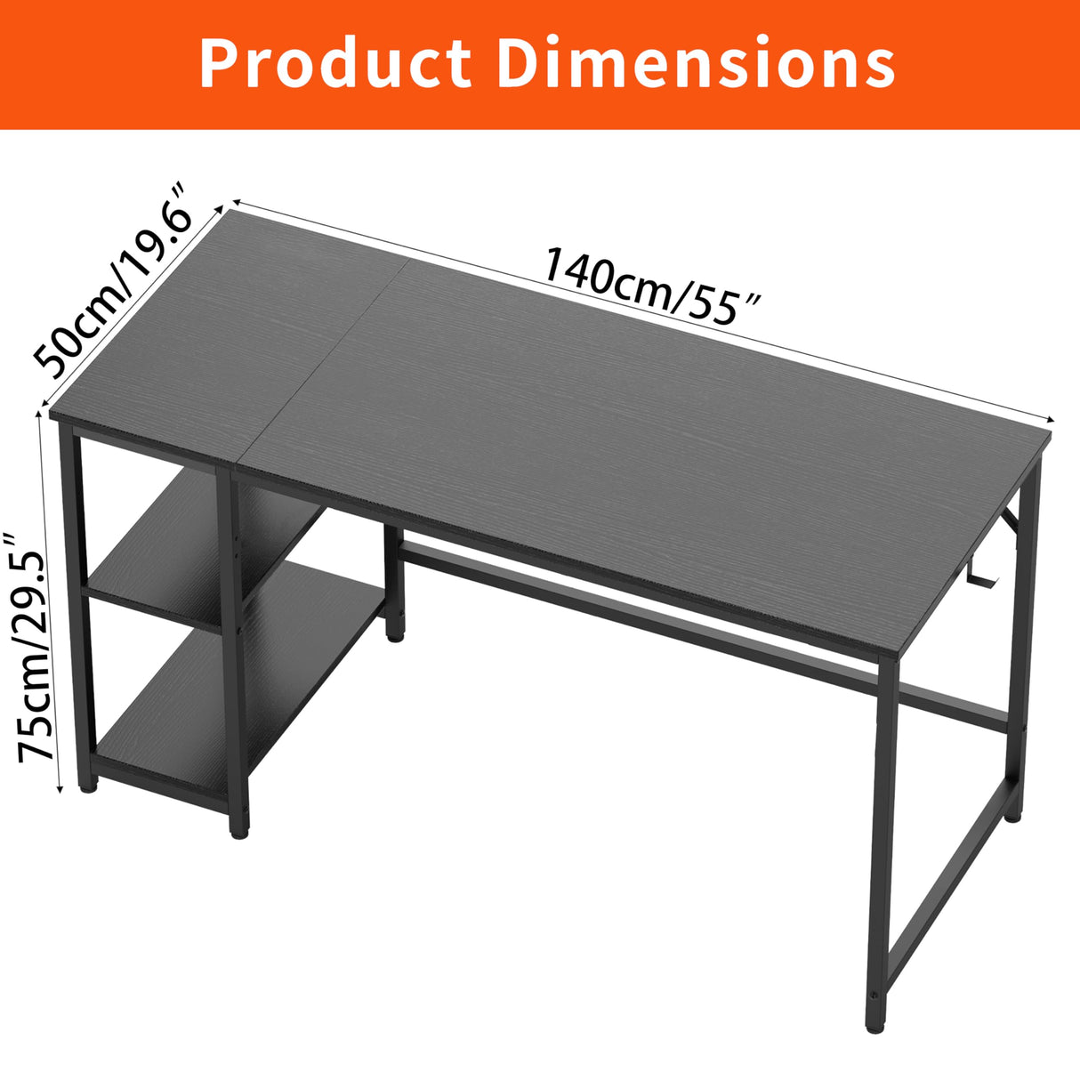 JOISCOPE Home Office Desk with Double Reversible Side Shelves and Headphone Hooks, Computer Desk for Working, Gaming, Studying, 55 inches, Black JOISCOPE