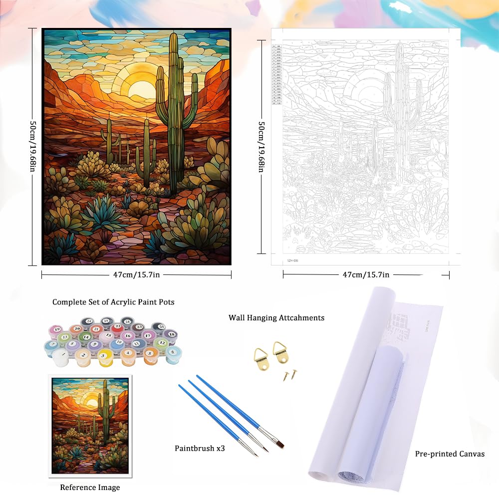 Natuyalo Paint by Numbers Kit for Adults - Cactus DIY Adult Paint by Number Kits Wilderness Landscape Acrylic Canvas Painting for Adults Beginners Kids Art Crafts Without Frame, 16x20 Inch Natuyalo