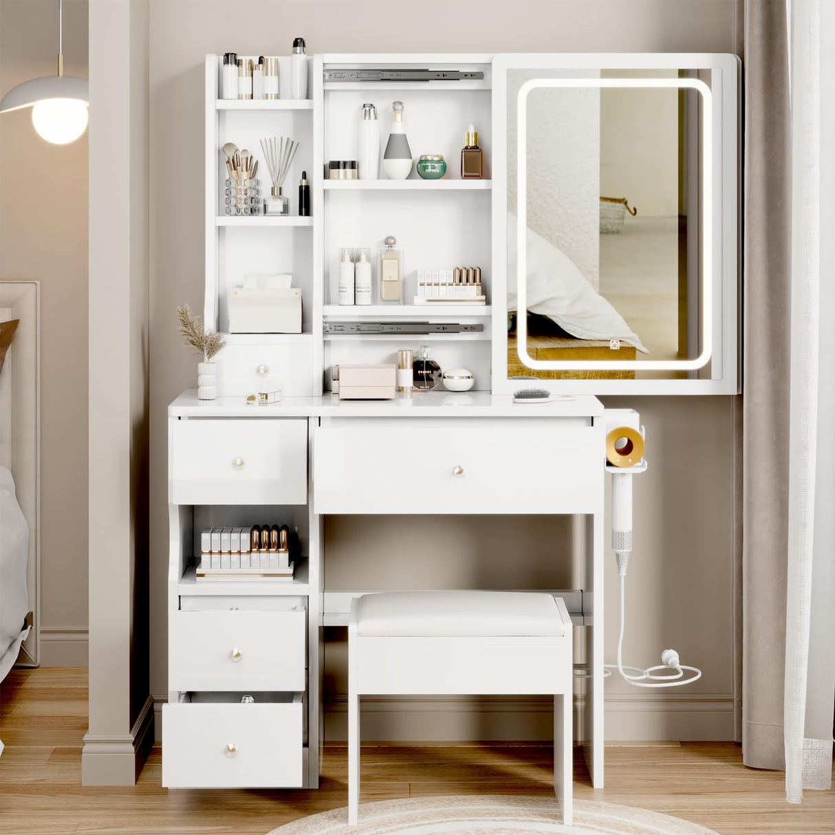 Edamon Vanity Desk with Lights and Chair, 2 AC+2 USB Power Station and Hair Dryer Bracket, Extra Large Touch Control Sliding LED Mirror, 3 Lighting Modes,Brightness Adjustable White Vanity (white, A) Edamon