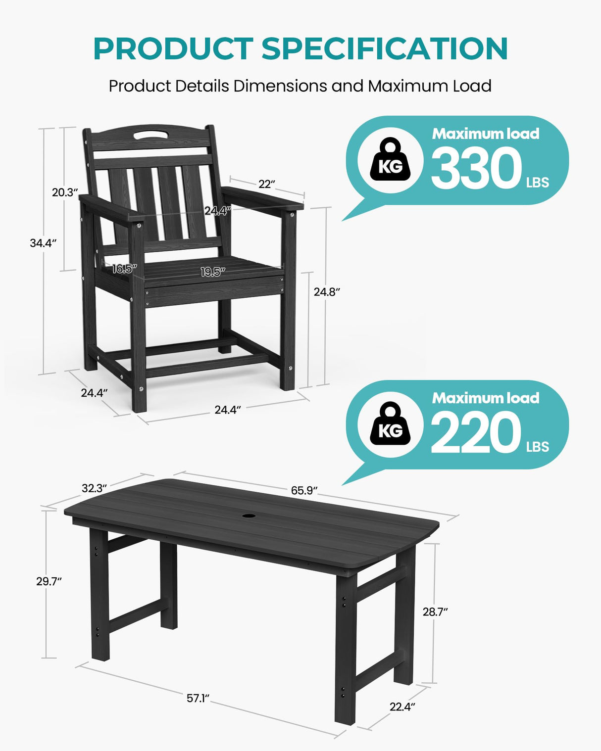 SUUNYN HDPE Outdoor Patio Dining Set with Table & 6 Chairs, All-Weather 7-Piece Outdoor Table and Chairs, 2" Umbrella Hole, Patio Furniture for Garden, Backyard, Deck | Matte Black SUUNYN