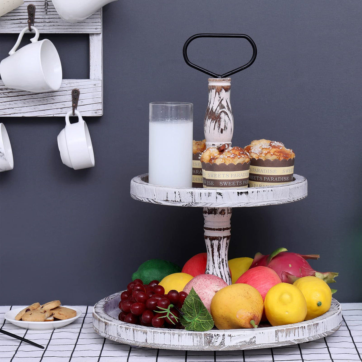 LKMANY Tiered Tray Cupcake Stand 2 Tier Tray Stand Serving Cakes Tray Decorative Trays with Handle,Round Rustic Stand for Kitchen,Homeware Display Platters for Party LKMANY