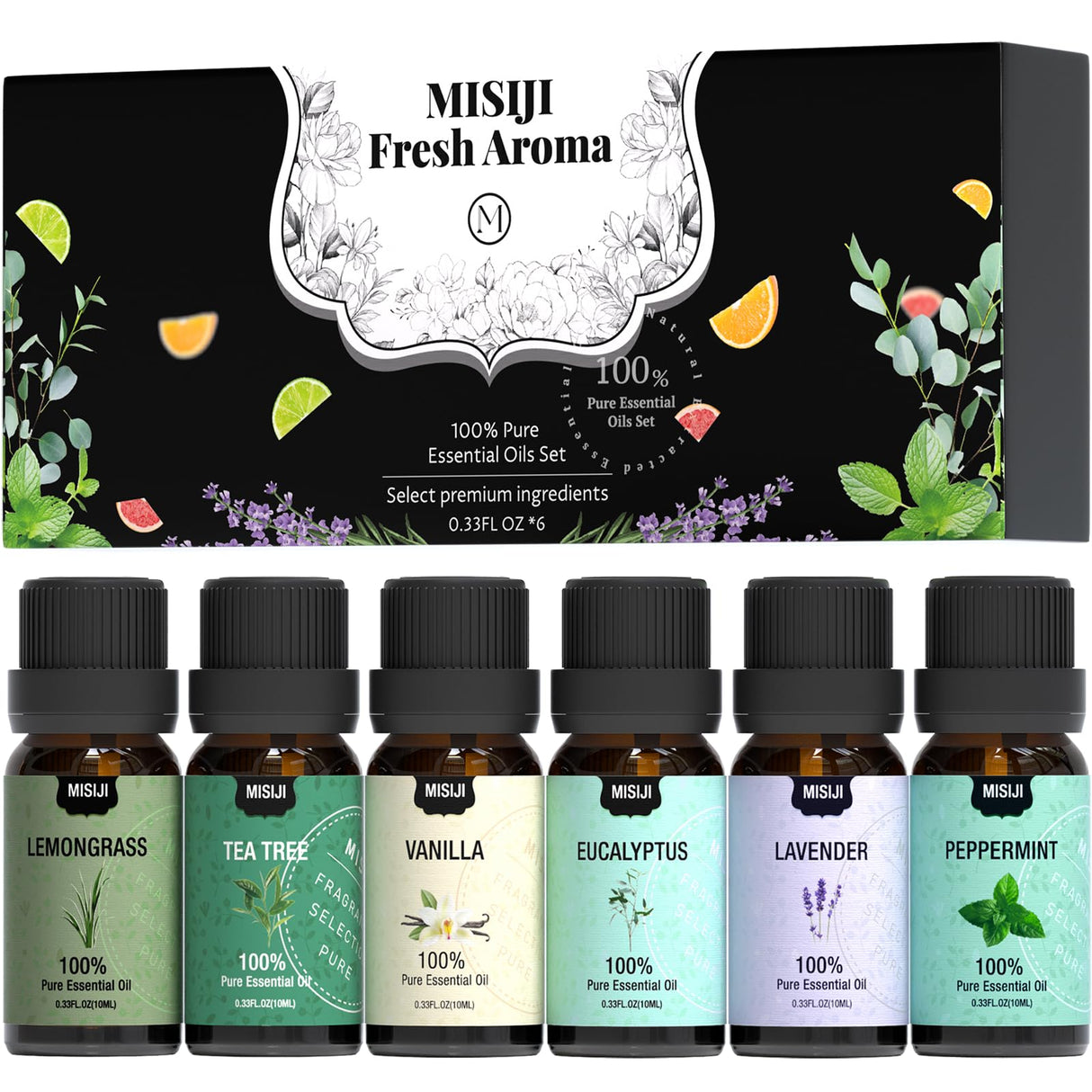 MISIJI Essential Oils Set Top 6 Aromatherapy-Essential Oils for Diffuser for Home,Air Freshening Diffuser Oils Scents for Aromatherapy,Laundry,Candle&Soap Making,Humidifiers 6 X 10ML MISIJI