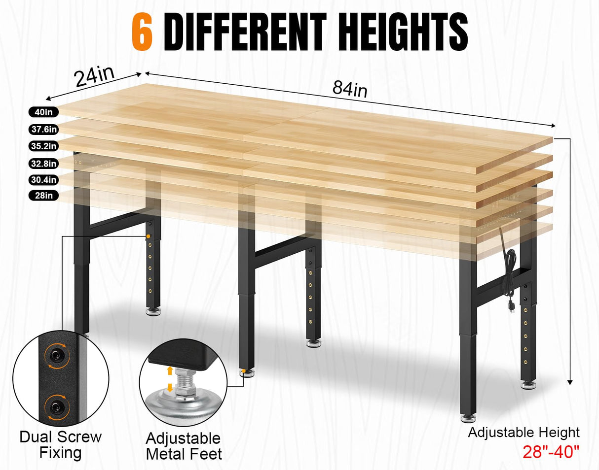 MUWOOD 84” Adjustable Height Workbench, 5000 LBS Heavy Duty Table Rubber Wood Workstation with Power Outlet & Pegboard for Garage, Office, Workshop, Home,Commercial MUWOOD