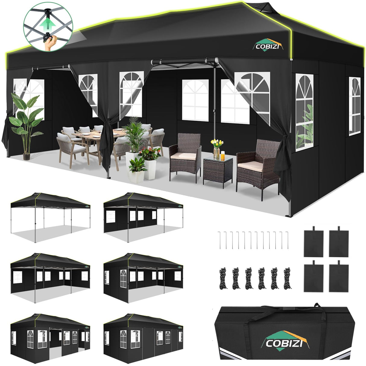 COBIZI 10x20 Pop Up Canopy Tent with 6 Removable Sidewalls, One Push Party Tent Outdoor Waterproof Event Canopy with Air Vent for Parties Commercial Wedding, 3 Height, Carry Bag, Sandbag, Black COBIZI