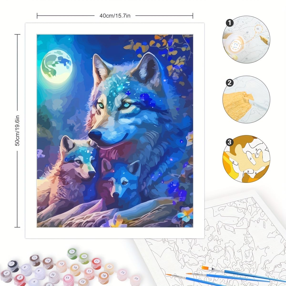 Mystical Wolf Family Paint by Numbers Kit for Adults - DIY Moonlit Wolf Painting on Canvas 16x20 Inches, Acrylic Paint Set, Suitable for Beginners, Wildlife Art Kit for Home TAOPAOLAB