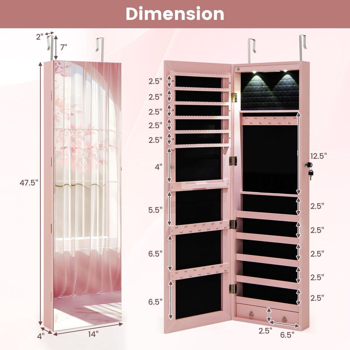 Giantex Wall Door Mounted Jewelry Armoire Cabinet with 47.5" H Full Length Mirror, 2 LEDs Lockable Jewelry Organizer Box with Bracelet Rod, 2 Drawers, Large Storage Capacity (Light Pink) Giantex