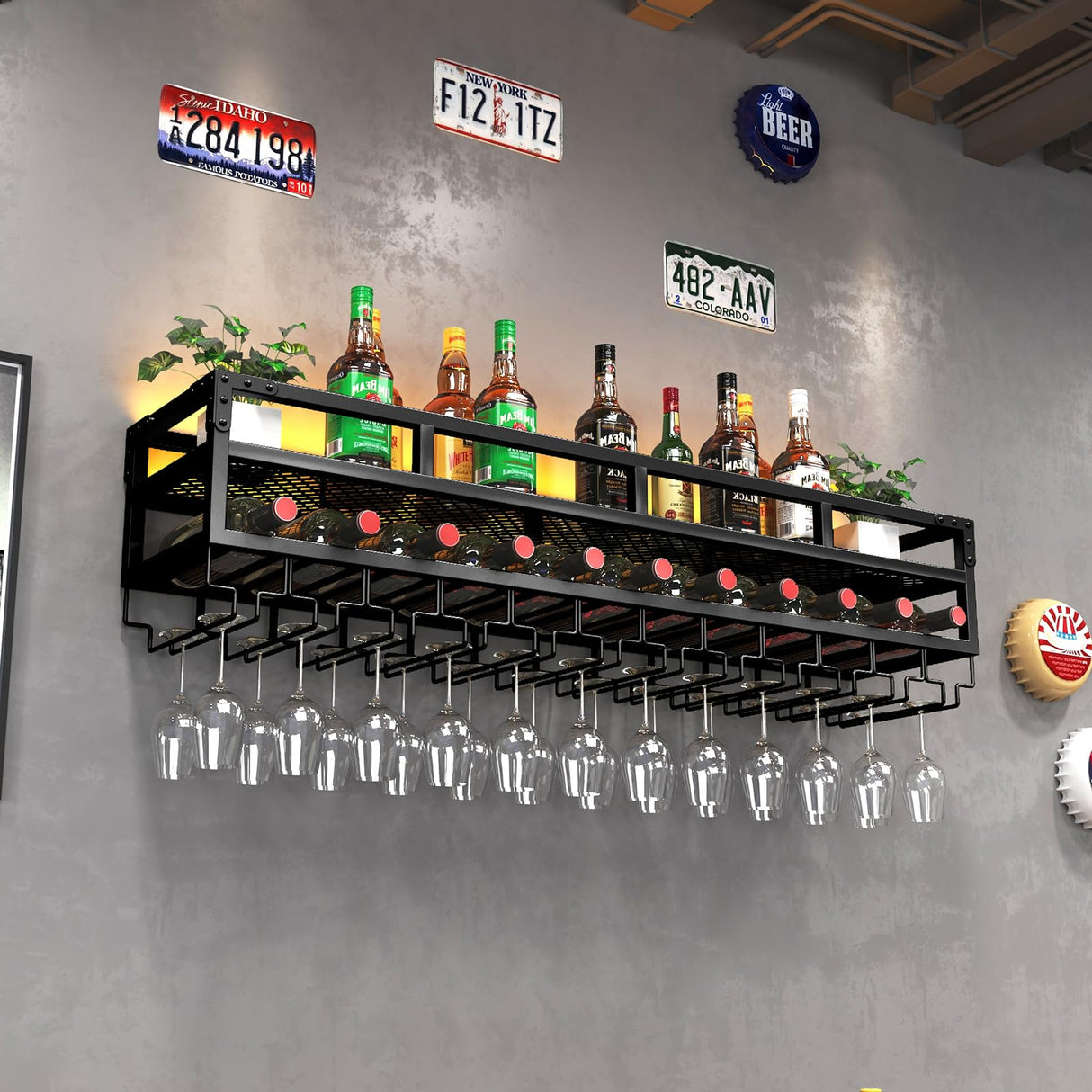 Pengfei LED Wine Rack Wall Mounted, Industrial Metal Wall Wine Shelf & Glass Holder, Large Floating Shelves Wine Bottle Storage Display Rack for Home Bar Dining Room Decor, Black Pengfei