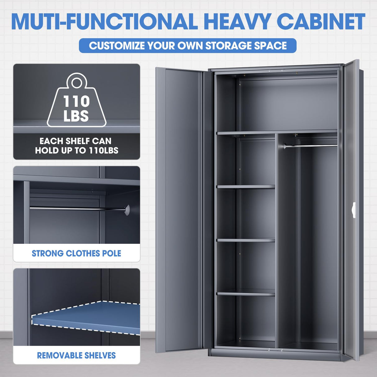 DNA MOTORING Metal Storage Cabinet, 72" Storage Wardrobe with Lock and Hanging Rod, Locking Cabinet Heavy Duty Utility Cabinet with 4 Shelves for Garage,Office,Home,Gym, Gray, TOOLS-00633-GY-GY DNA MOTORING