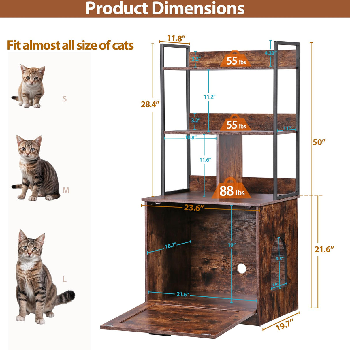 Epetlover Cat Litter Box Enclosure with 2 Storage Shelves Litter Box Furniture Hidden with Barn Door, Indoor Wooden Cat House, Rustic Brown Epetlover
