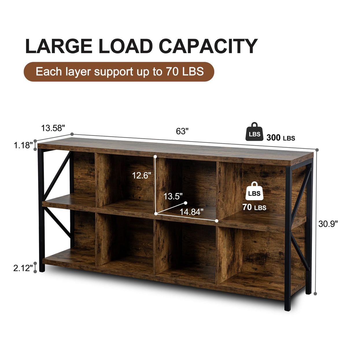 VAKATRELL 8 Cube Storage Organizer Bookshelf, Industrial Horizontal Bookcase, Accent Cubby Shelf, Media Console Table for Living Room, Home Storage, 63 Inches, Rustic Brown VAKATRELL