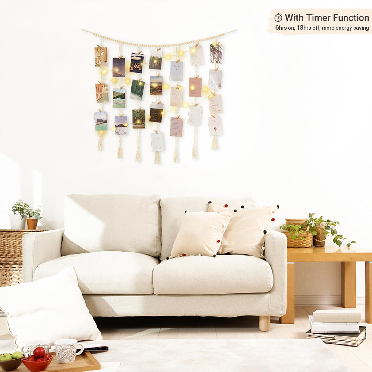 Mkono Macrame Hanging Photo Display Wall Decor with String Lights, Boho Wooden Beads Garland Collage Picture Card Frame Holder with 45 Clips for Bedroom Living Room Dorm, Teen Girls Christmas Gifts Mkono