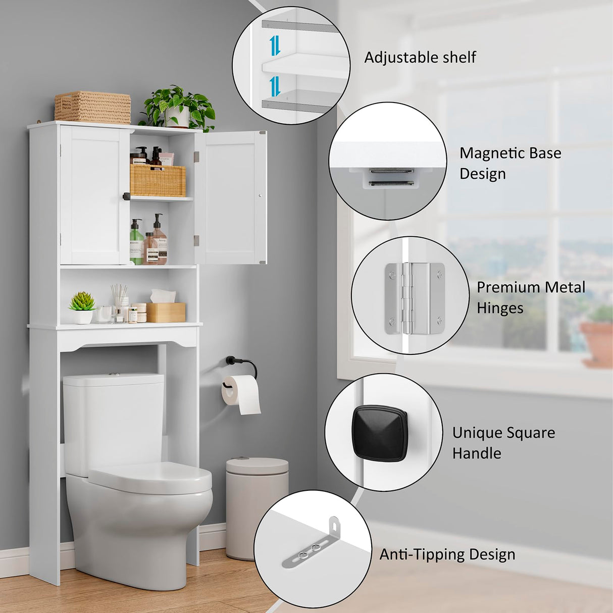 RRX Over The Toilet Storage Cabinet,Bathroom Above Toilet Cabinets Organizer, 24.8" L x 9.1 "W x 65.7 "H Free Standing Toilet Rack with Adjustable Shelf and Open Storage,Double Doors, White RRX