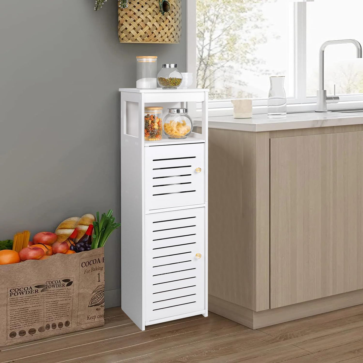 VOGGV Bathroom Storage Cabinet, Bathroom Floor Cabinet Freestanding 1 Doors and Shelves for Home Kitchen, Living Room and Hallway, 29.5 * 8.66 * 7.87in, White VOGGV