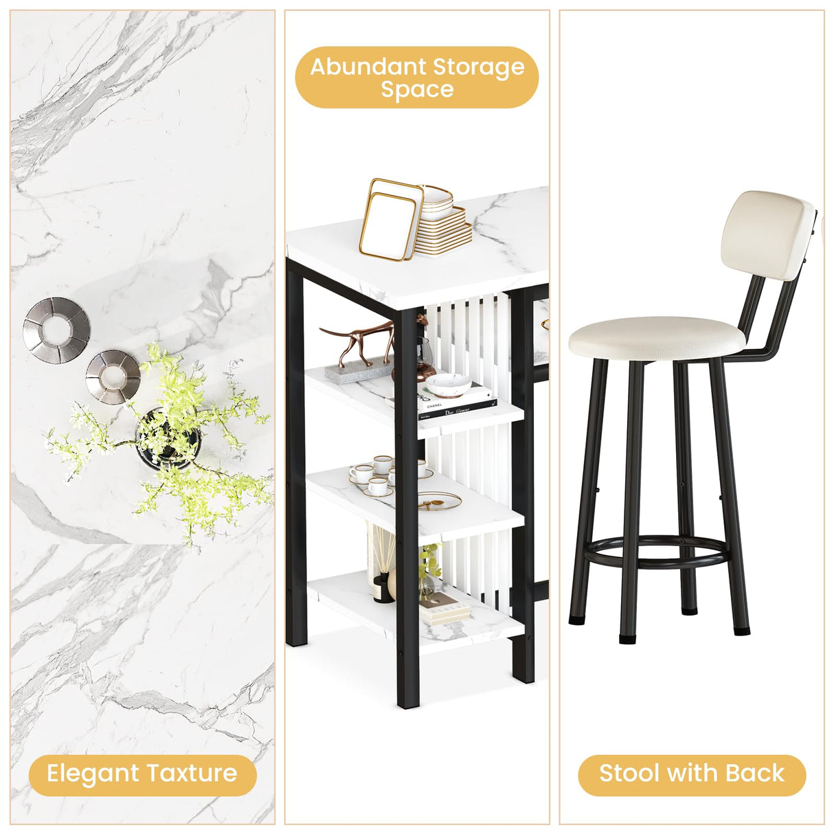 AWQM 3-Piece Bar Table and Chairs Set, Modern White Faux Marble Table with 2 PU Cushion Bar Stools, Kitchen Counter with 3 Tier Storage Shelves, Space Saving Table for Home & Kitchen, Black Frame AWQM
