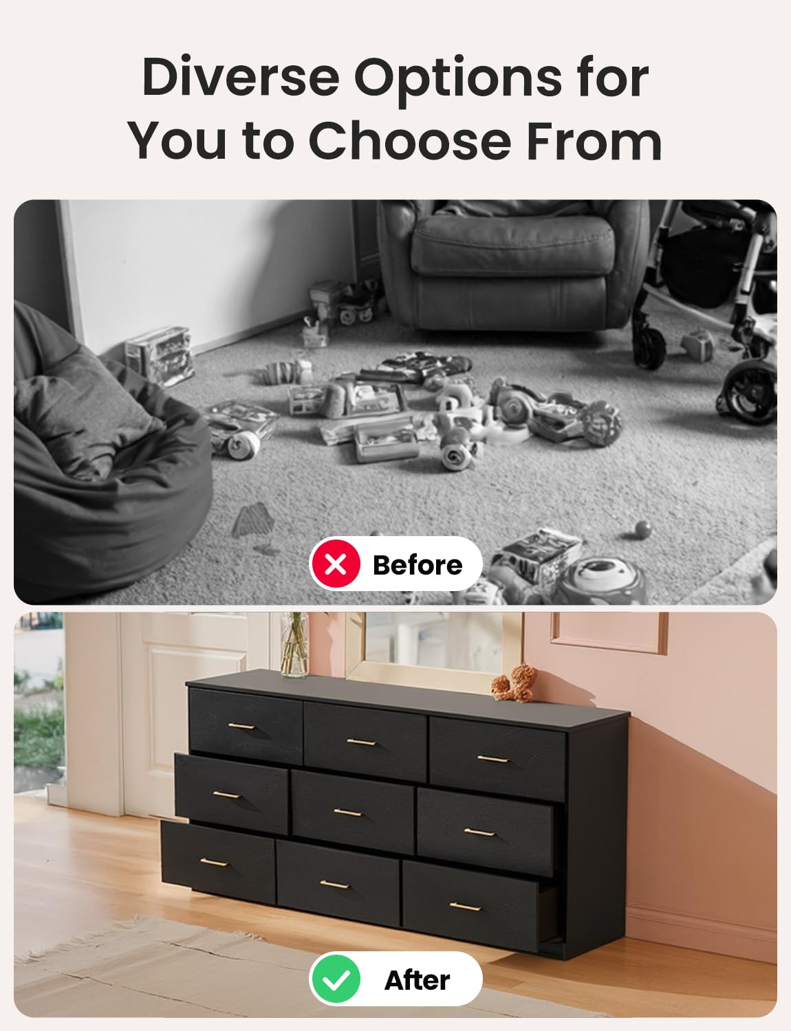 Miscoos 9 Drawer Dresser, 62.9" Large Deep Chest of Drawers,Wooden Dresser Storage Cabinet with 9 Drawers for Bedroom, Long Black Dressers for Living Room, Hallway,Nursery oumebiu