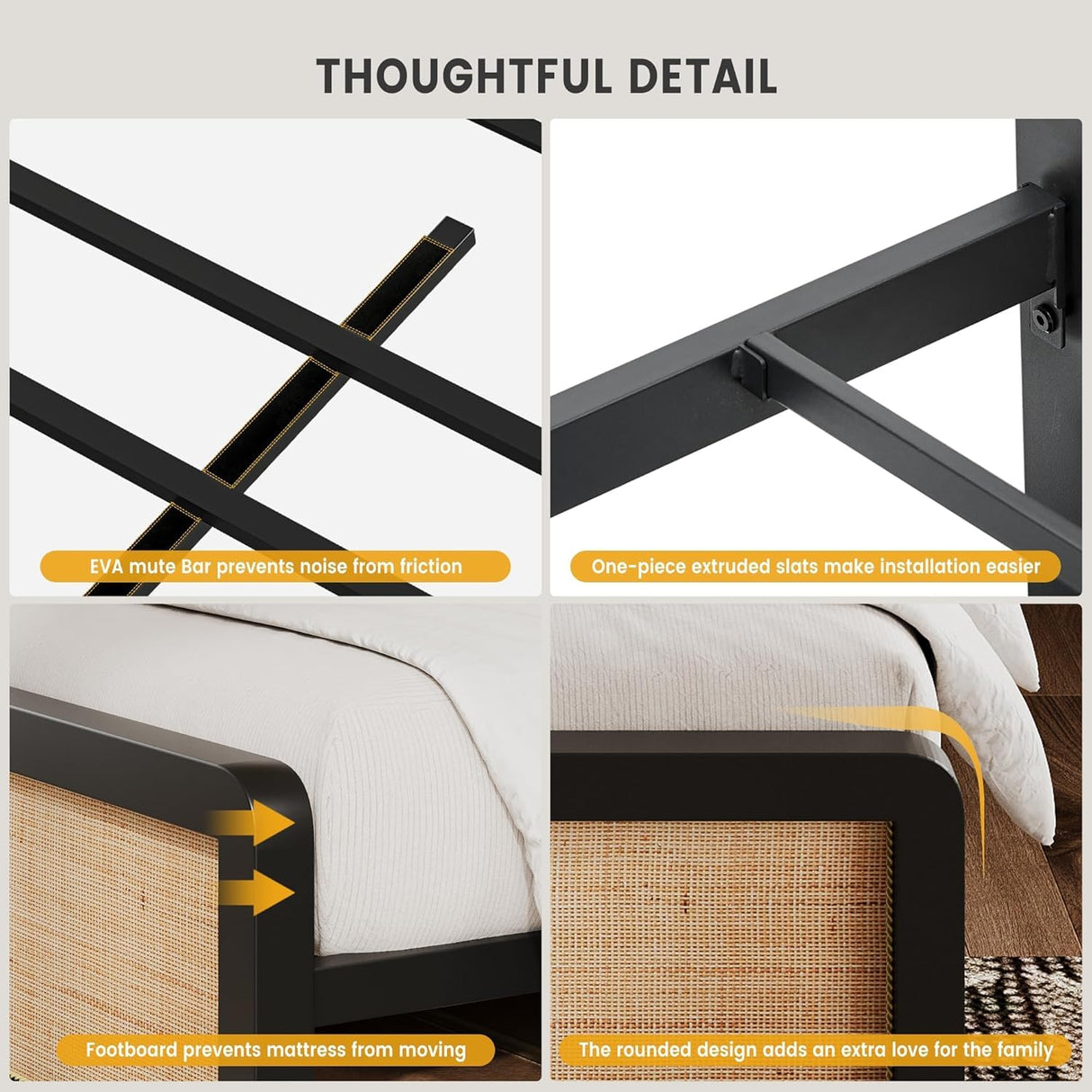 Full Size Metal Platform Bed Frame Natural Rattan Headboard, Bohemian Mattress Foundation with Strong Slats Support, No Box Spring Needed/Under Bed Storage/Non-Slip Without Noise/Easy Assembly SunnyFurn