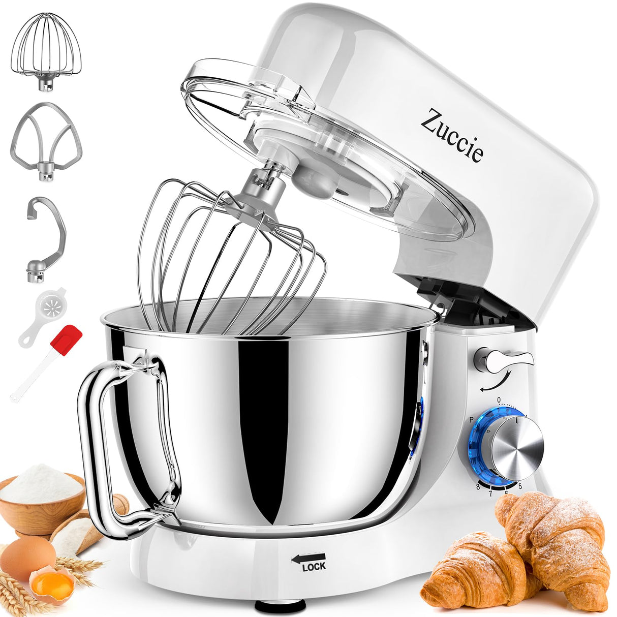 Stand Mixer, Zuccie 4.8QT Kitchen Electric Stand Mixer, 380W Motor Power Food Mixer, 8+P-Speed Dough Mixer with Dough Hook, Wire Whip & Beater, White Zuccie