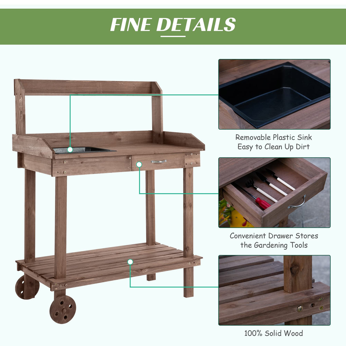 Outsunny 36'' Wooden Potting Bench Work Table with 2 Removable Wheels, Sink, Drawer & Large Storage Spaces, Brown Outsunny