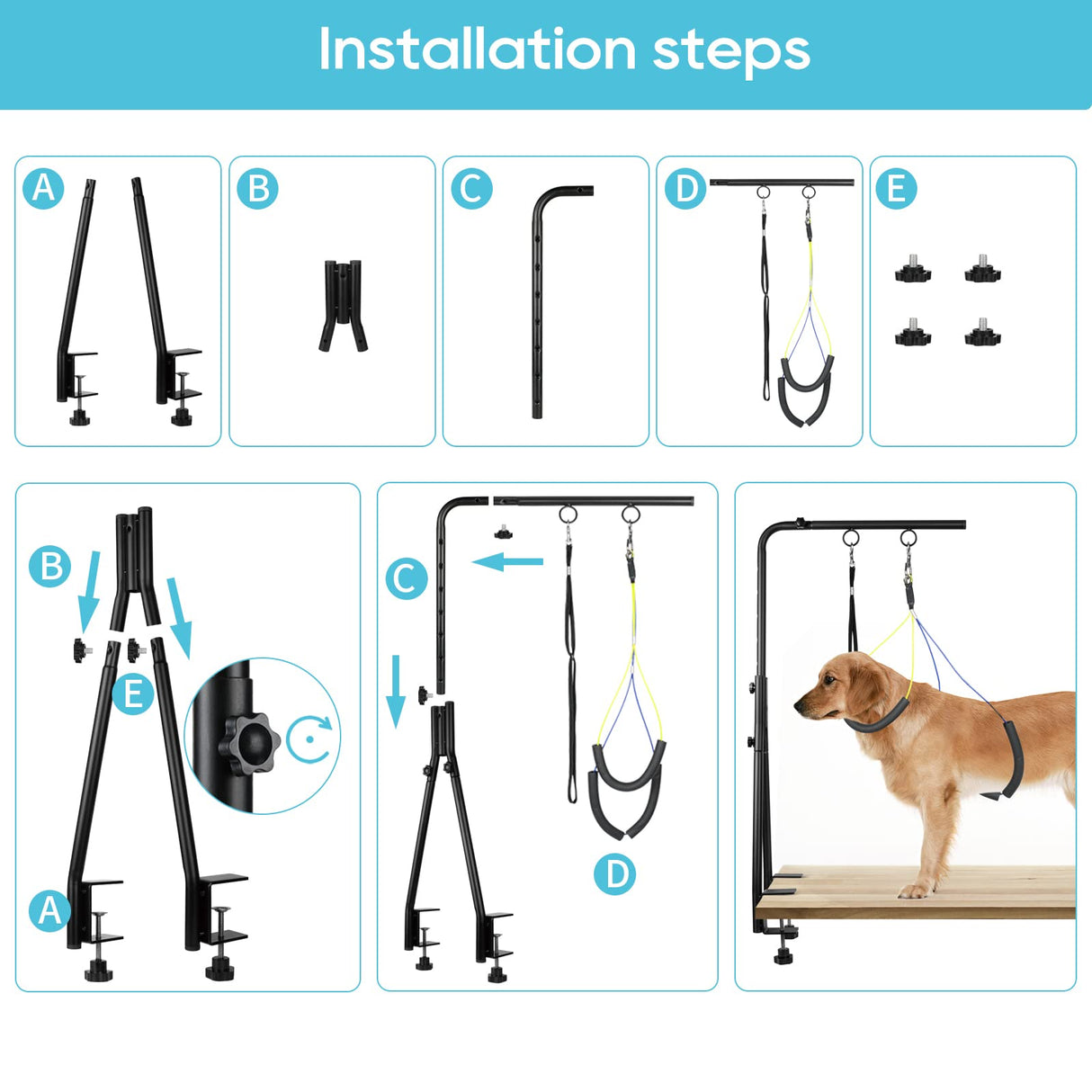 WeGXY Dog Grooming Table Arm, 35" Height Adjustable Pet Grooming Arm with Double Clamp for Small and Medium Dogs,Grooming Loop Noose and No Sit Haunch Holder WeGXY