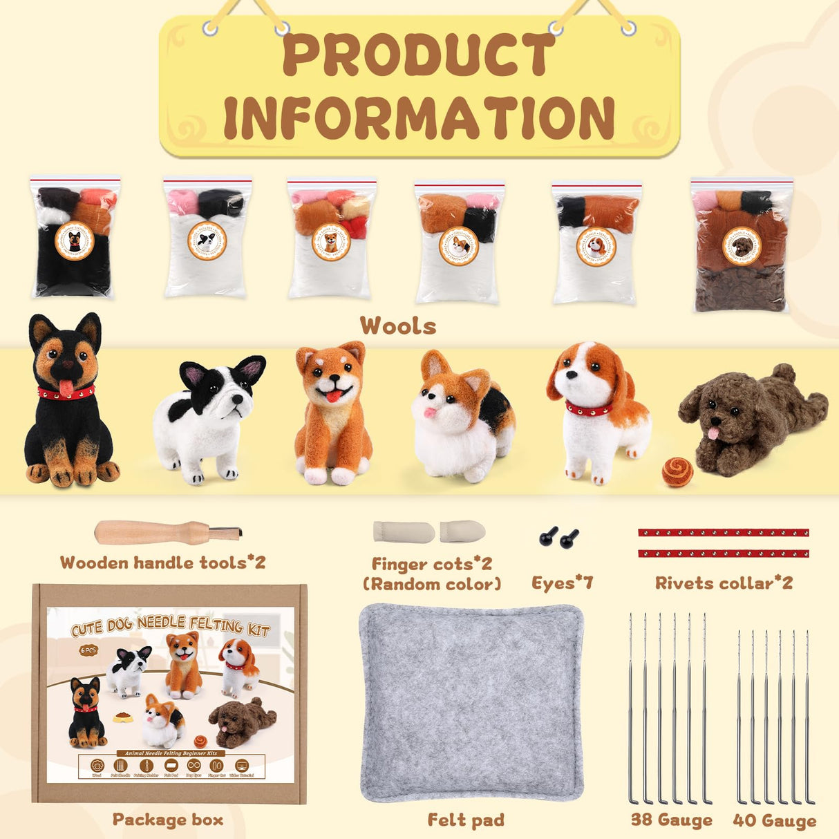 Mayboos 6 PCS Needle Felting Kit, Animal Needle Felting Beginner Kits Wool Felt Needle Felting Tools with Instruction for DIY Craft Animal Home Decoration (Cute Dog) Mayboos