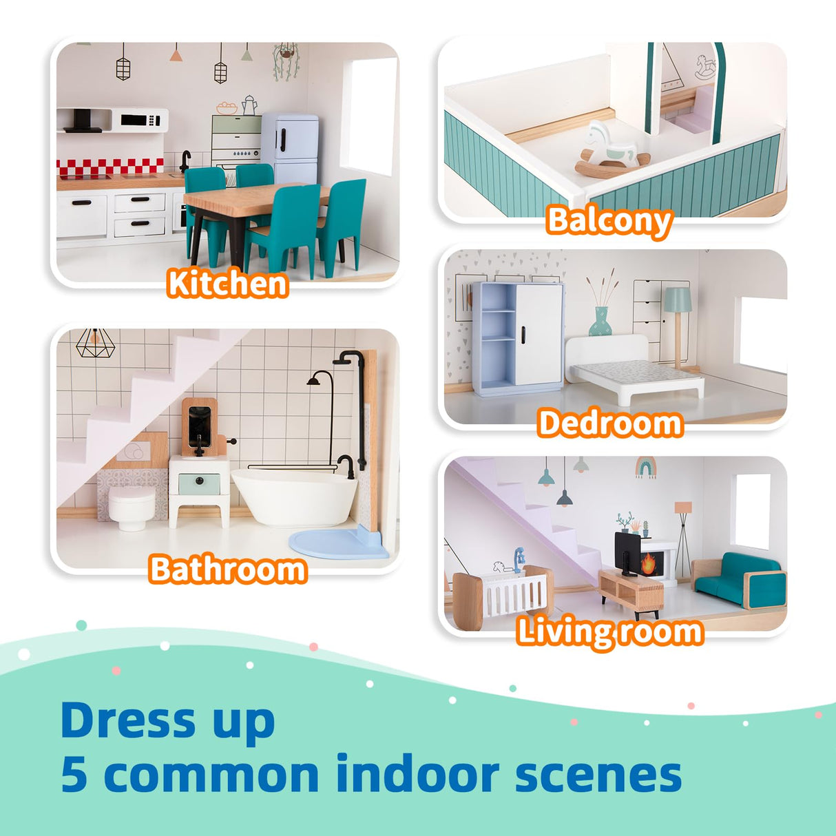 OOOK Wooden Dollhouse for Kids, Doll House with Simulated Luxury Furniture Set, Dollhouse Playset Gifts for Girls Toddlers (Including 4 Family Dolls OOOK