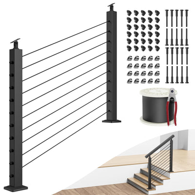BLIKA Complete Set 36" Stair Railing Post Kit(Post 35"x2"x2"), Black 25-35°Angle Drilled Line Post, Black Invisible Cable Railing System Kit Include 1/8" Stainless Steel Cable with Cutter(No Handrail)