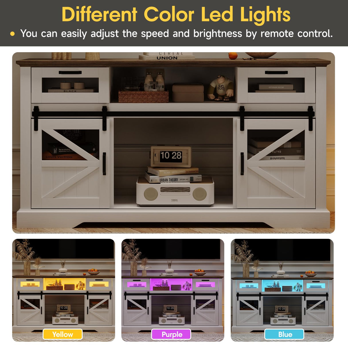 Fameill TV Stand for Televisions up to 65 Inch with Sliding Barn Doors, Glass Media Entertainment Center Storage Cabinet, Adjustable Led Light Farmhouse Console Table, Mid Century Modern White Fameill