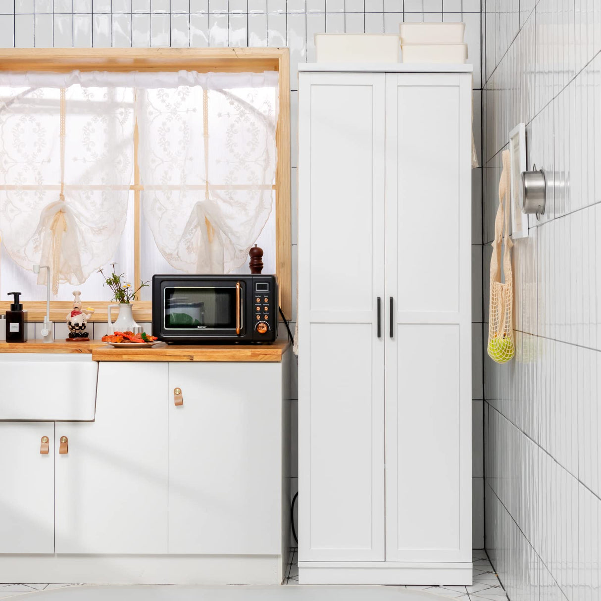 70" Tall White Modern Pantry Cabinet with Adjustable Shelves and Anti-Tip Safety Features LOKO