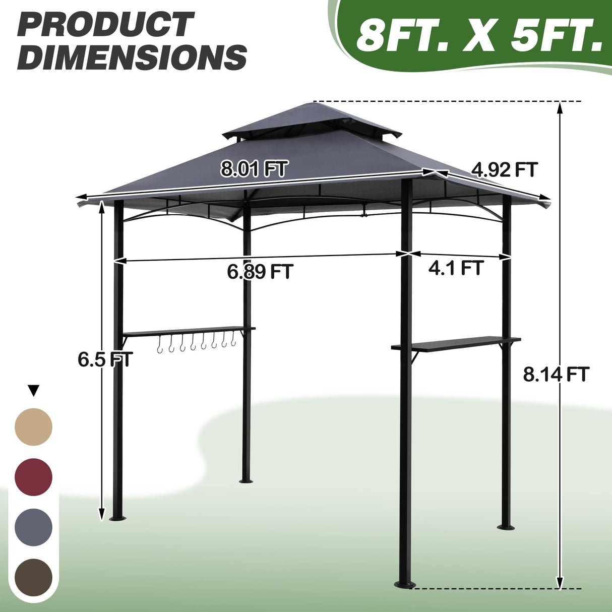 GARTOO 8'x5' Outdoor Grill Gazebo - Double Roof BBQ Gazebo Canopy with 2 Side Shelves and LED Lights, Patio BBQ Pergola Shelter for Garden, Porch and Backyard (Grey) GARTOO