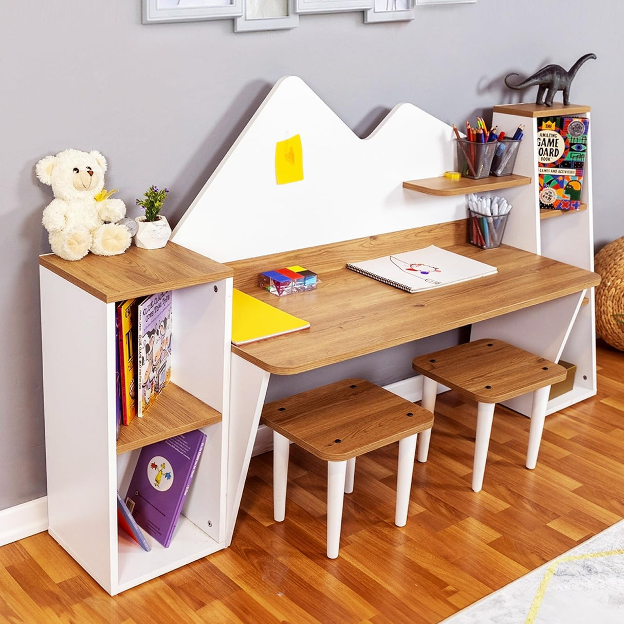 LAWA FURNITURE Kid's Study Desk with Bookshelf + 2 Stools for Ages 3-8, Wooden Children Activity Table with Hutch and Shelves, Kids Bedroom Study Desk with Storage LAWA FURNITURE