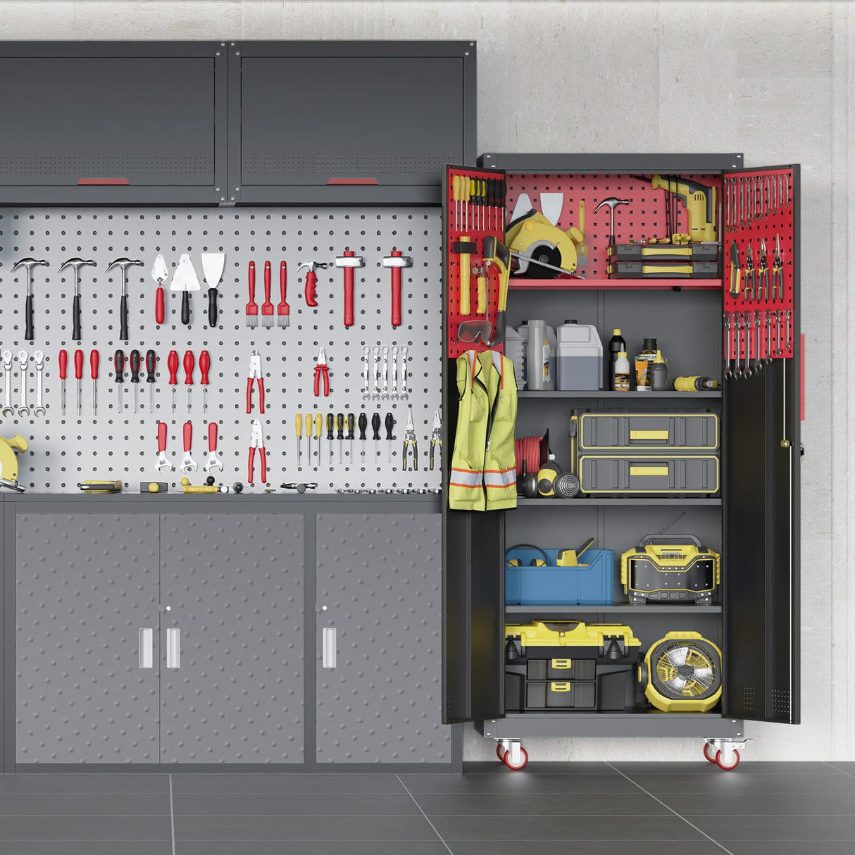 Kelueo Metal Garage Storage Cabinet, Tall Garage Cabinets with 5 Adjustable Shelves, Steel Tool Storage Cabinet with Wheels,Lockable Heavy Duty Garage Storage Cabinets for Garage, Warehouse Kelueo