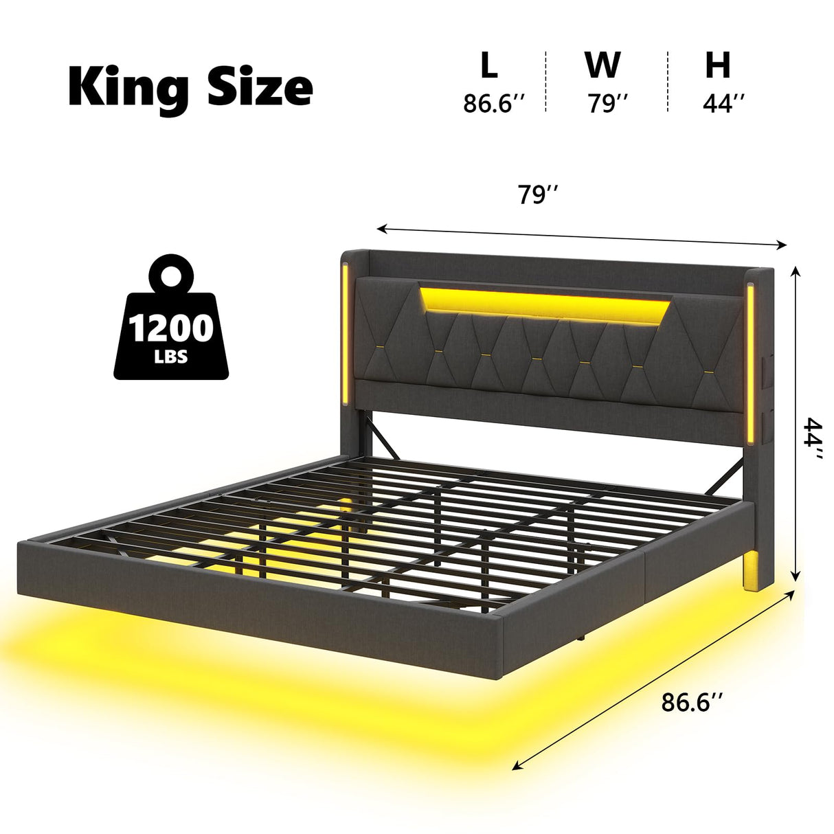 Floating Bed Frame King Size with LED Lights & Private Storage Headboard, King Floating Bed with Charging Station, Fabric Platform Bed, No Box Spring Needed, Noise-Free, Dark Gray BYSAUD