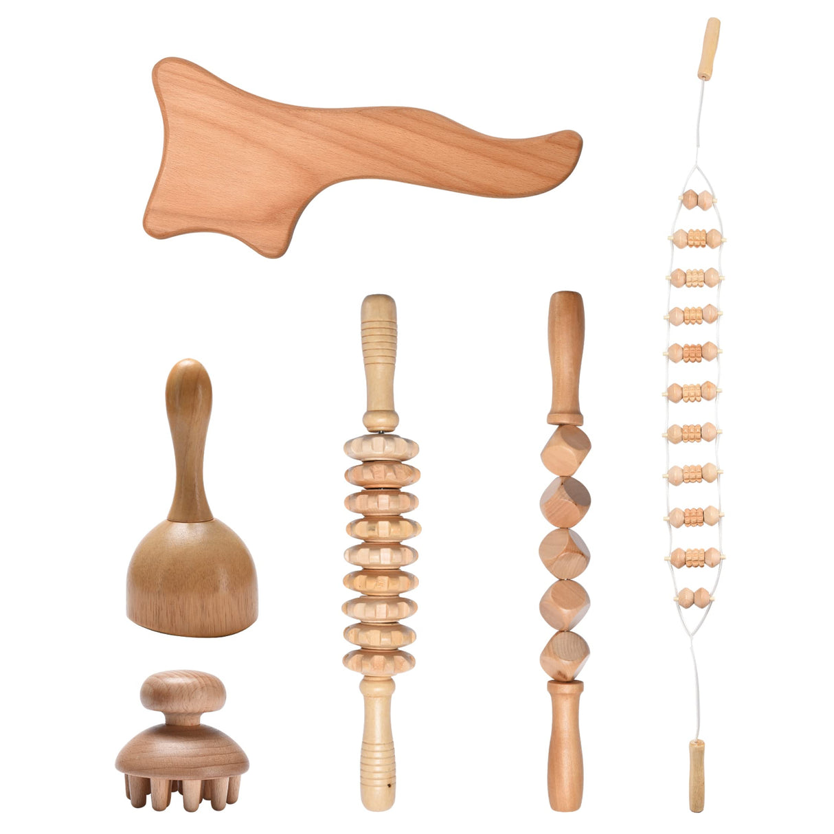 PURAVA Wood Therapy Massage Tools Set of 6 - Wood Therapy Tools for Body Shaping - Wooden Lymphatic Massager Body Sculpting Kit - Massage Roller Accessories, Stomach, Back and Foot Massage Roller PURAVA
