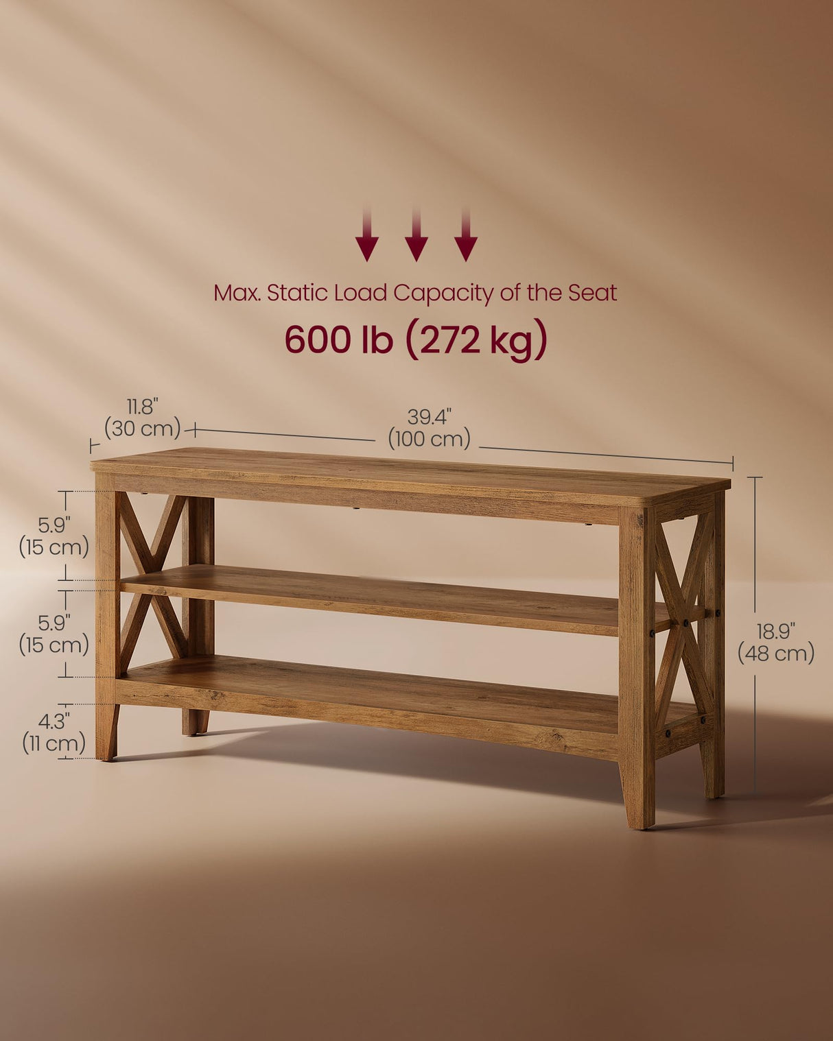 VASAGLE, Entryway Storage Bench, 2-Tier Shoe Rack, 11.8 x 39.4 x 18.9 Inches, Holds up to 600 lb, Farmhouse Style, for Living Room, Bedroom, Honey Brown ULSB153K41 VASAGLE